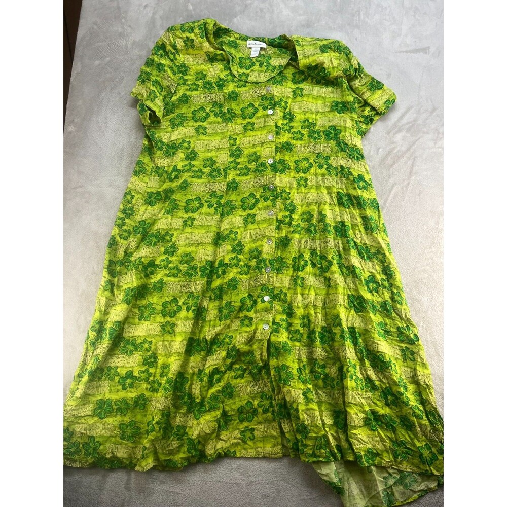 Anna Maxwell Floral Button Up Dress 32W Green Short Sleeve Spring Casual